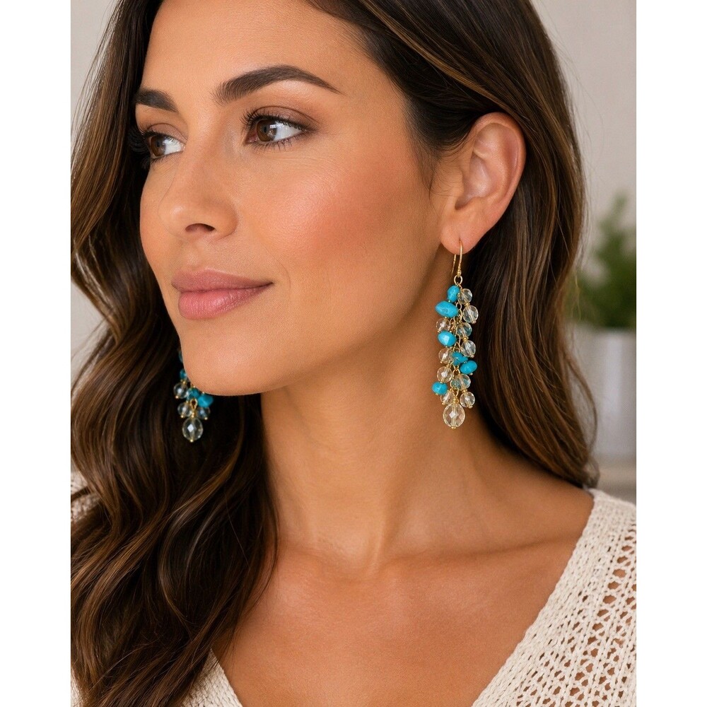 Blue Turquoise Style Chip Bead Dangle Earrings Gold Tone Cluster Boho 2.5”